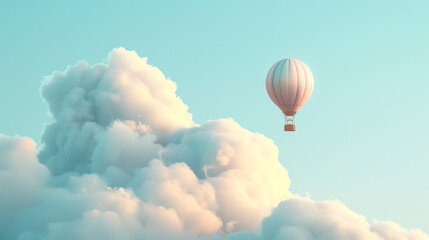 Fototapeta premium Pink Hot Air Balloon Floating Among Soft Clouds in Blue Sky..