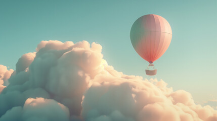 Obraz premium Pink Hot Air Balloon Floating Among Soft Clouds in Blue Sky..