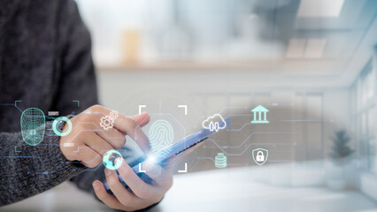 Fingerprint scanning and biometric authentication, processing of biometrics for accessing personal data. surveillance and security scanning of digital programs cyber futuristic applications