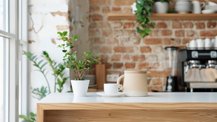 A modern coffee shop interior with exposed brick walls and industrial lighting.