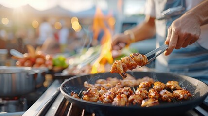 A food truck grilling chicken wings over an open flame, attracting a hungry crowd.