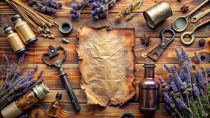 A flat lay view of burnt paper, cans, bottles, old keys, and dry lavender , burnt paper, cans, bottles, old keys