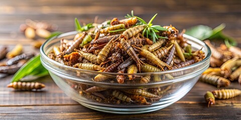 Close up of a bowl with mixed edible insects on a kitchen table with food ingredients in the background, edible