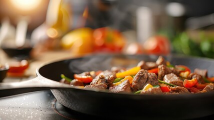 Fototapeta premium A sizzling skillet of beef fajitas with vibrant colors and aromatic spices.