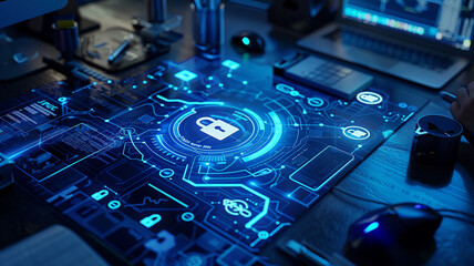 Cyber security concept. Blue lock symbol, point connecting network on blue background. blue background, padlock with lock, cybersecurity, cybersecurity background, padlock icon, digital security,