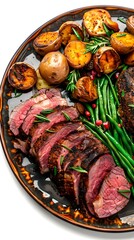 Elegant Sunday roast with sliced roast beef, green beans, and roasted potatoes, isolated