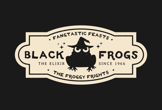 Halloween potion bottle label with witch frog. Halloween season celebration party drink or potion, autumn horror event beverage grunge vector bottle label, tag or sticker with frog in witch hat