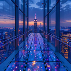 Fototapeta premium Gentle Dusks on a Sleek Glass Walkway Above Shimmering Water: Serene and Modern Ambiance