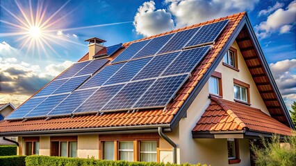 Fototapeta premium Solar panels on the roof of a house , renewable energy, alternative energy, clean energy, photovoltaic