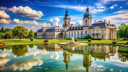Fototapeta premium Majestic Festetics Castle in Keszthely, Hungary surrounded by lush greenery and a tranquil lake