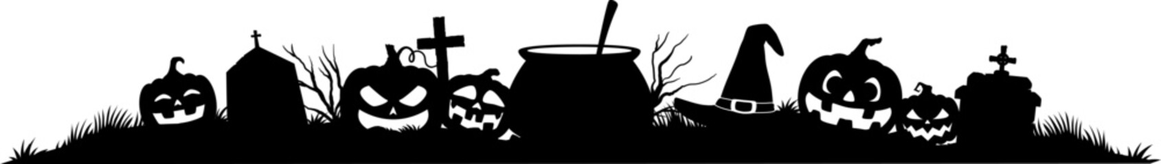 Halloween frame border and divider with vector silhouettes of horror pumpkins, witch hat, cemetery tombstone and crosses, witch potion cauldron and spooky tree. Halloween holiday web banner border