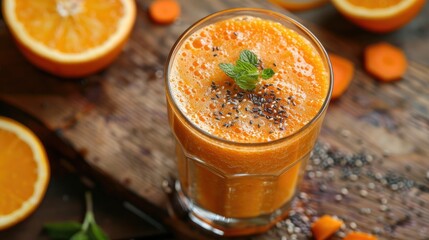 Fresh Carrot Orange Juice in a Glass, Garnished with Mint and Chia Seeds
