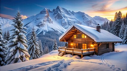 Fototapeta premium Cozy chalet nestled in snowy winter mountains , cabin, lodge, snow, winter, mountains, scenic, cozy, holiday, vacation