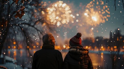 Couples Watching Winter Fireworks Display Near Frozen Lake Under Snowfall