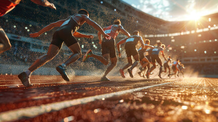 Athletes Sprinting on Wet Track during Sunset in Outdoor Stadium Competition