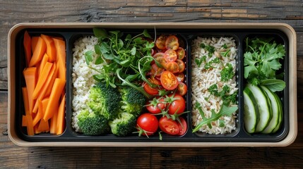 Healthy Vegan Bento Box with Fresh Vegetables, Rice, and Herbs on Wooden Table