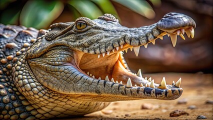 Obraz premium Close-up of a crocodile ready to attack with its mouth open, wildlife, reptile, predator, dangerous, teeth, jaws, aggressive