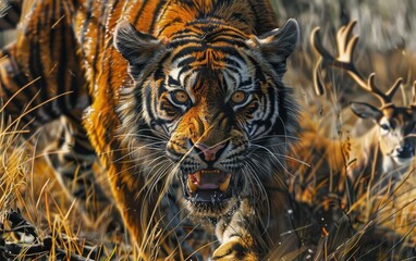 A fierce tiger stalking its prey through tall grass in the wild, showcasing the predator's majestic presence and intense focus.