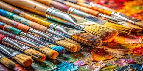 Obraz premium Close up of artistic paintbrushes on canvas covered with oil paints , artistic, paintbrushes, canvas, oil paints