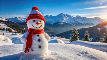 Obraz premium Snowman made of snow in red hat and scarf with winter mountain landscape, Snowman, snow, red hat, scarf, winter, mountain
