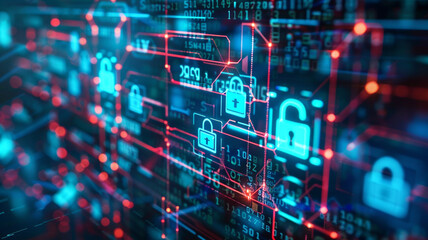 Fototapeta premium Cyber security concept. Blue lock symbol, point connecting network on blue background. blue background, padlock with lock, cybersecurity, cybersecurity background, padlock icon, digital security,