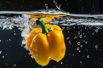 yellow bell pepper falling into water in black background