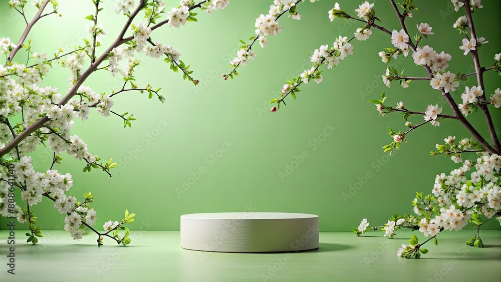 Wall mural Green spring-themed mockup with a product display podium surrounded by blooming branches , spring, green, mockup, product