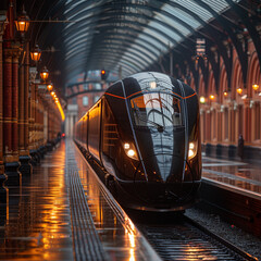 Swift Black Modern Train Captured from a Broad Perspective: Speed and Elegance Combined