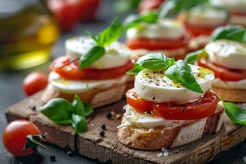 Italian Caprese sandwiches with mozzarella tomatoes and basil Delicious meat and cheese sandwiches with olive oil Copy space included