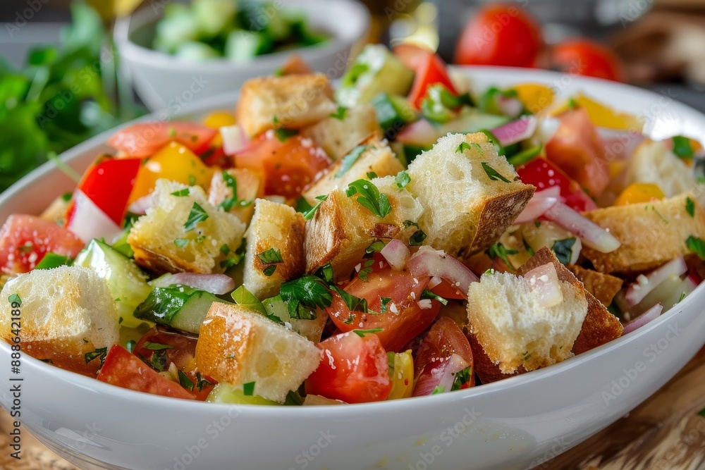 Wall mural italian panzanella salad with vegetables and bread