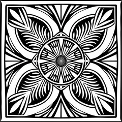Symmetrical black line mandala featuring star patterns and fine detailing on white