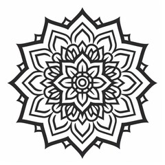 Symmetrical black line mandala with swirling vines and leaves on a white background
