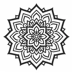 Keuken achterwand Mandala Symmetrical black line mandala with swirling vines and leaves on a white background  © Alpha