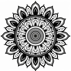 Symmetrical mandala featuring black line tribal patterns on white