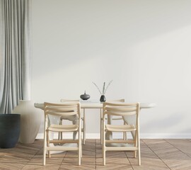 Blank white wall in cozy dining room interior background, modern Scandinavian style, 3D render