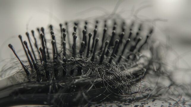 Hairbrush with tangled hair strands, hair loss concept.