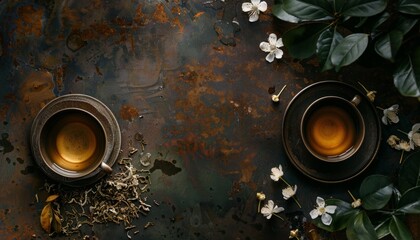Jasmine tea with dry leaves on grungy backdrop