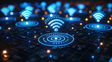 Fototapeta premium Digital Connectivity: Multiple Glowing Blue Wi-Fi Icons on Black Grid with Distant Bokeh Lights