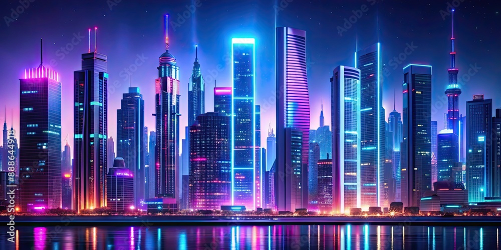 Sticker Futuristic city skyline with neon lights and high-rise buildings, cyberpunk, skyline, futuristic, city