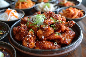Fototapeta premium Korean chicken wings in galbi sauce with pickled radish kimchi and rice sides