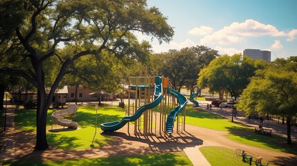 Aerial View of Urban Park with Playground and Trails - Powered by Adobe