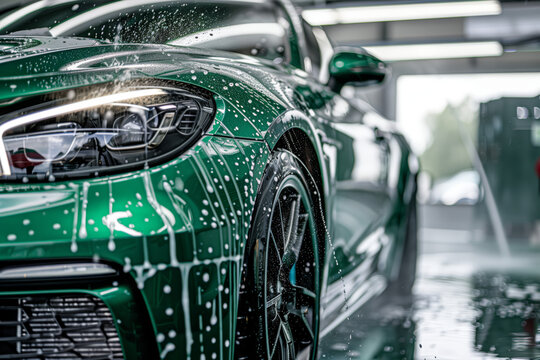 A car wash service. Green car with water and foam