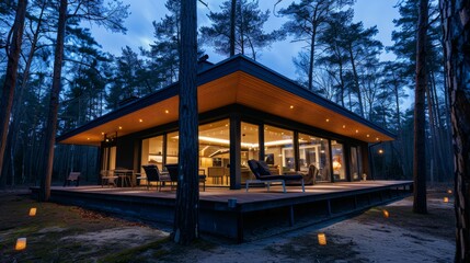 Obraz premium Modern luxury villa in minimalist style for luxurious camping. Glass hut in the forest at night Modern cottage house deep in the forest
