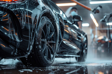 Black car with water and foam. Car wash service.