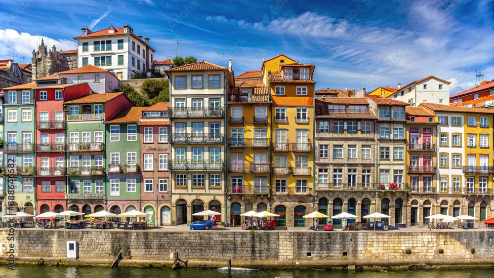 Poster Panoramic view of vibrant medieval buildings in Porto's Ribeira neighborhood , Portugal, Porto, Ribeira, colorful