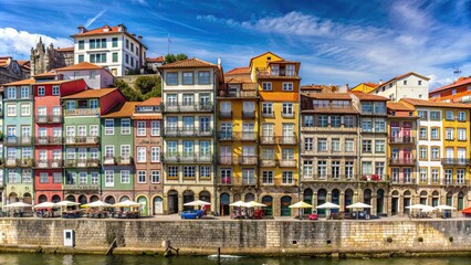 Fototapeta premium Panoramic view of vibrant medieval buildings in Porto's Ribeira neighborhood , Portugal, Porto, Ribeira, colorful