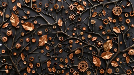 A complex surreal illustration of an intricate clockwork forest, where trees have mechanical branches and leaves made of gears and cogs