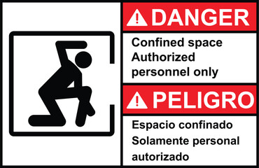 Danger confined space sign with symbol. Confined space entry by permit only sign. Confined space sign and labels © POSMGUYS
