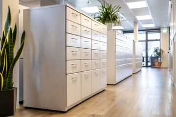 Line of white file cabinets