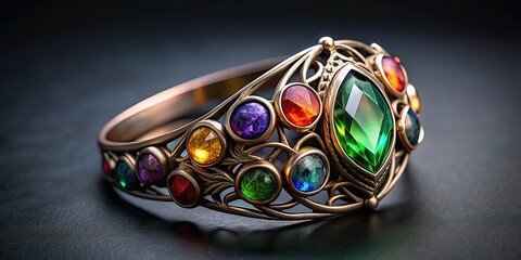 Elven ring crafted from iron with precious stones, fantasy, jewelry, ancient, mystical, magical, gemstones, enchanted